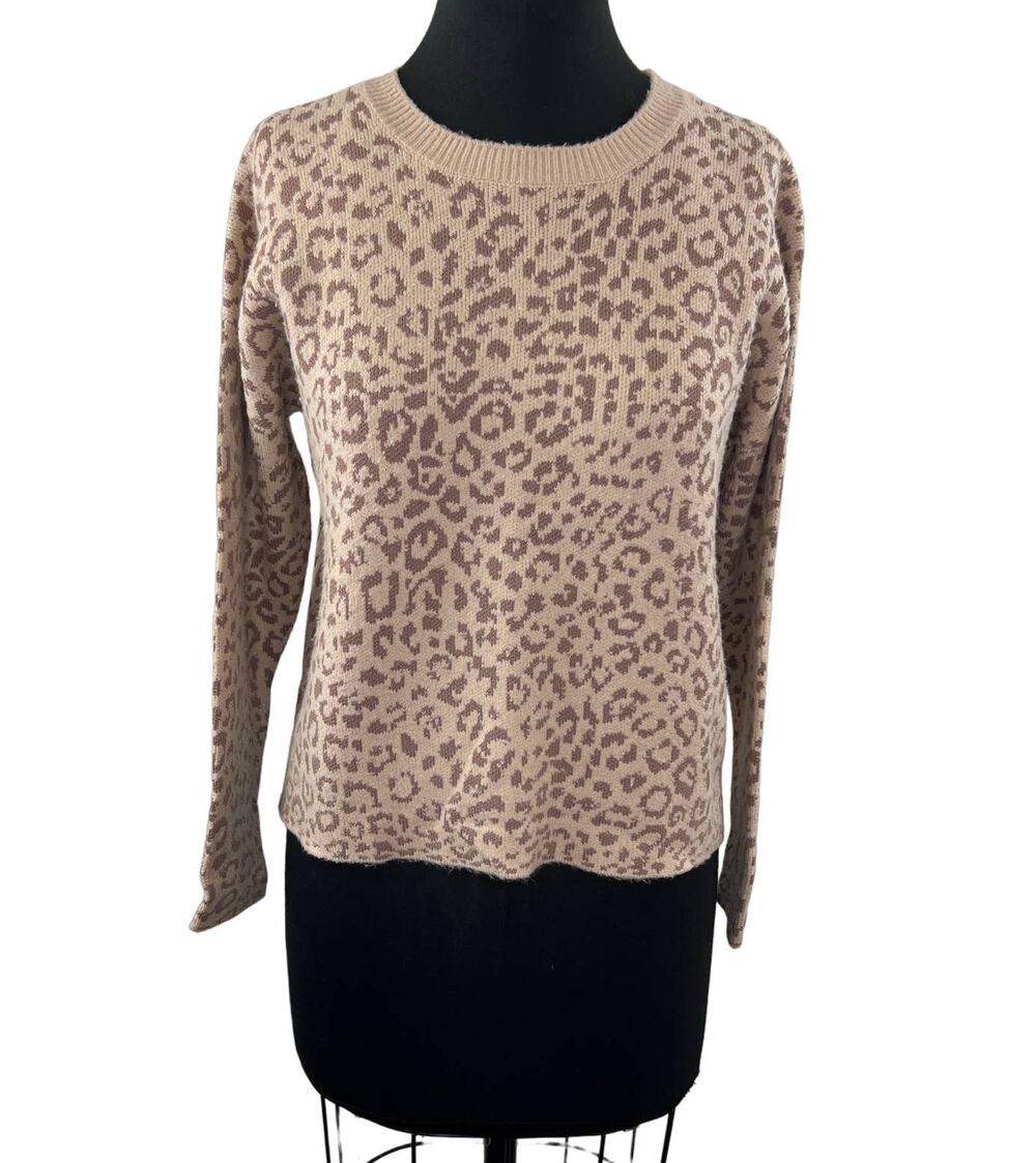 JOIE Beige Brown S Knit Sweater Leopard Print Crew Neck Long Sleeve Pullover